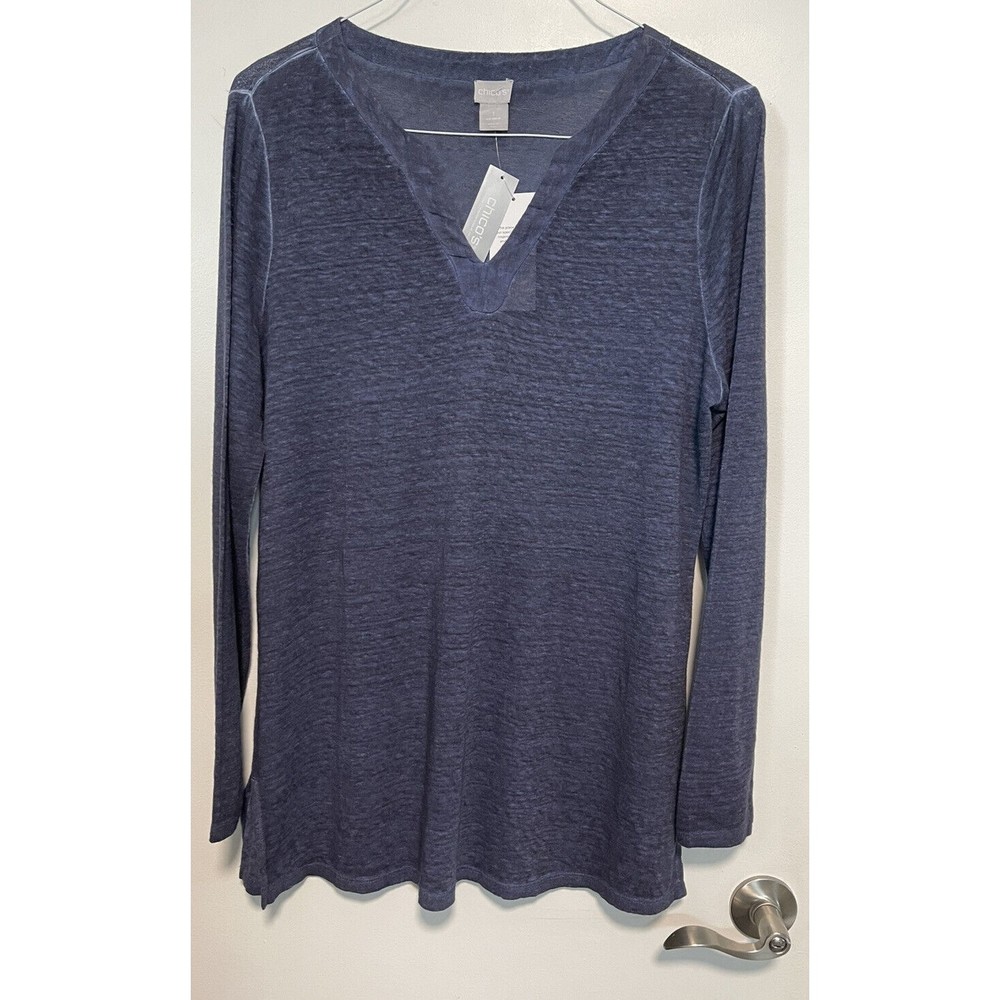 Chicos  Sz 1 (or Medium )Navy Blue Linen Shirt Tunic Knit Top Long Sleeve. B